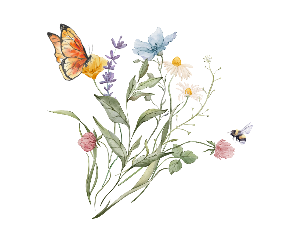 A butterfly and bee visiting colorful wildflowers